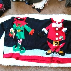 Two person Christmas holiday sweater elf Santa Claus